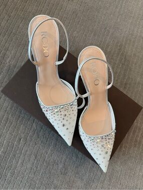 Rodo White Crystal-Studded Pointed Slingback Heels